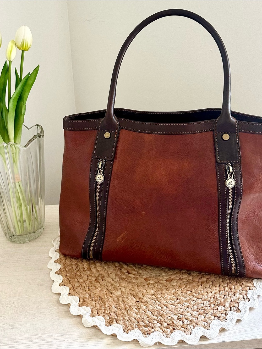 FIRENZE Italy Genuine Leather Tote Bag Cognac Brown